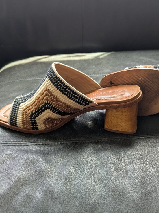Bernardo Shoes - Bernardo Woven Chevron Block Heel Mule - Brown, Cream & Black